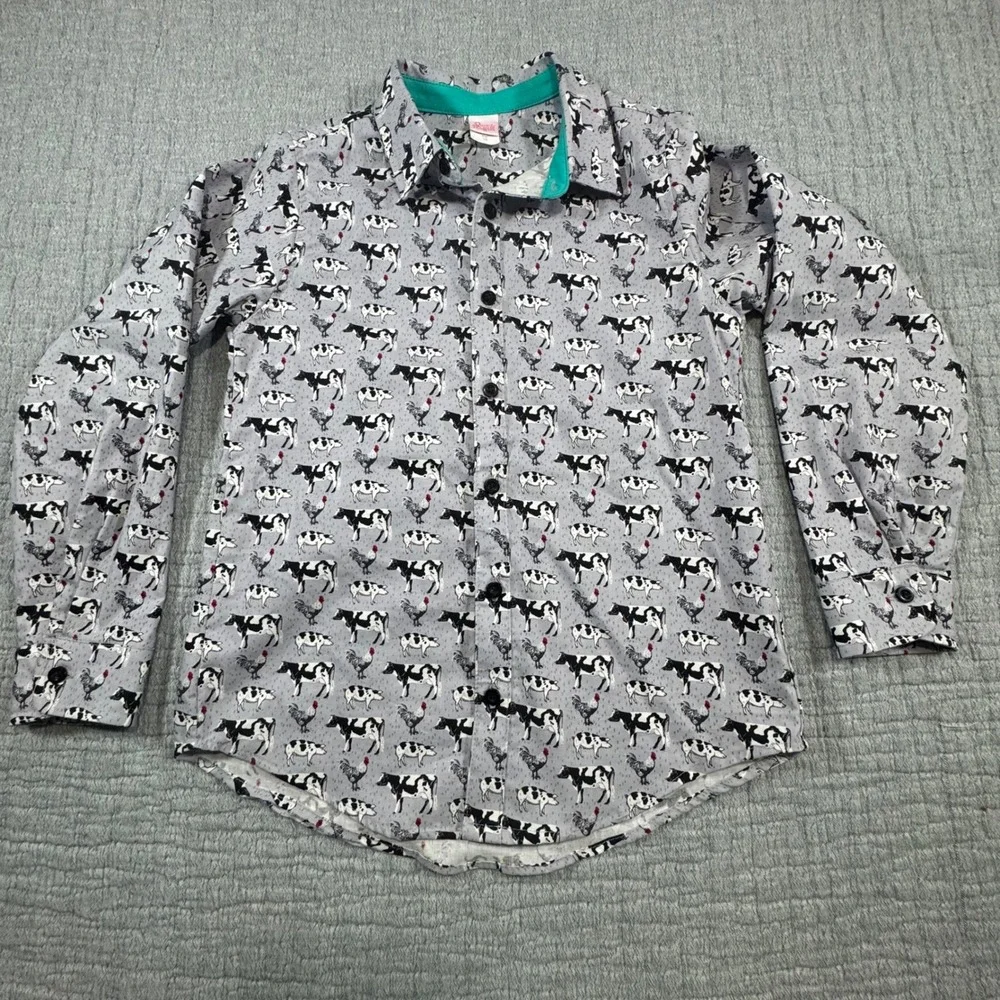 Ricrac & Ruffles Boys Sz 10 Button Up Shirt Farm Cows Pigs Chickens Long Sleeve‎